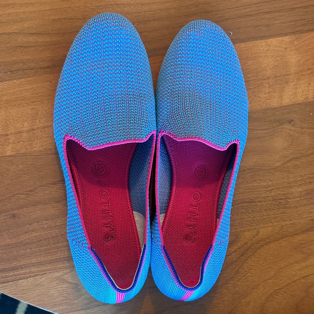 Rothy's Loafer Blue Knit Slip-On Flats with Pink Trim